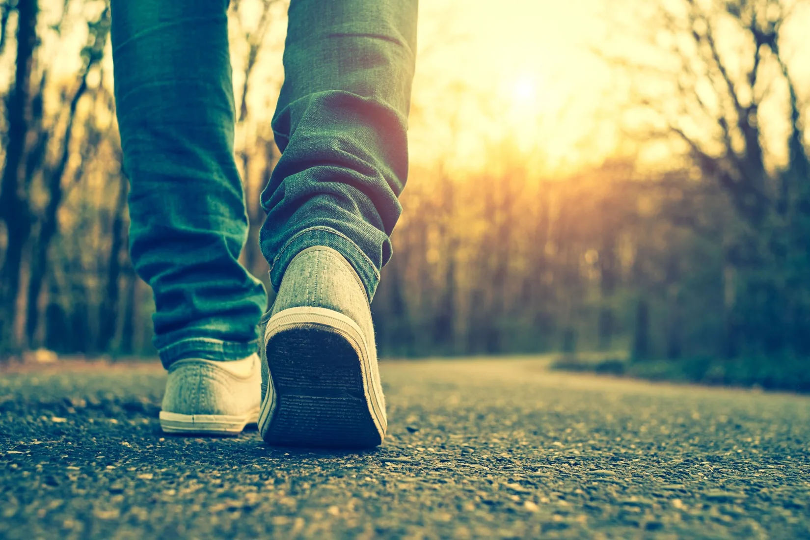 A close-up of someone walking on a path.