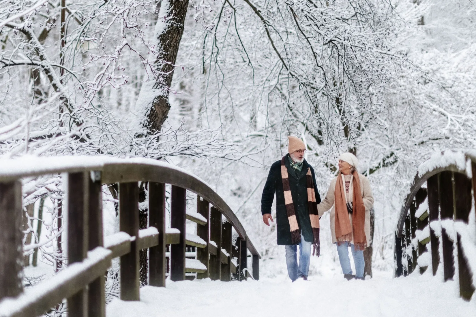 A couple walking across a bridge in the snow.